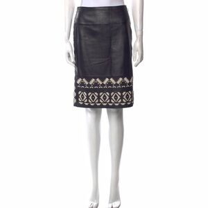 New Tory Burch Aztec Embroidered Tribal Leather Midi Skirt Sz 2